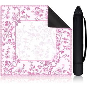 Chinoiserie Mahjong Mat with 1 Carrying Bag 31.5" x 31.5" Pink and White Rubber Anti Slip and Noise Reduction Multi Purpose Game Table Cover for Card, Board Tile Games