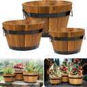 Idzo Set of 3 Wooden Flower Boxes Outdoor, Durable Acacia Wood Barrel Planters for Outdoor Plants with Ergonomic Handles, Drainage Holes, Multiple Sizes Wood Bucket Planter Light Brown