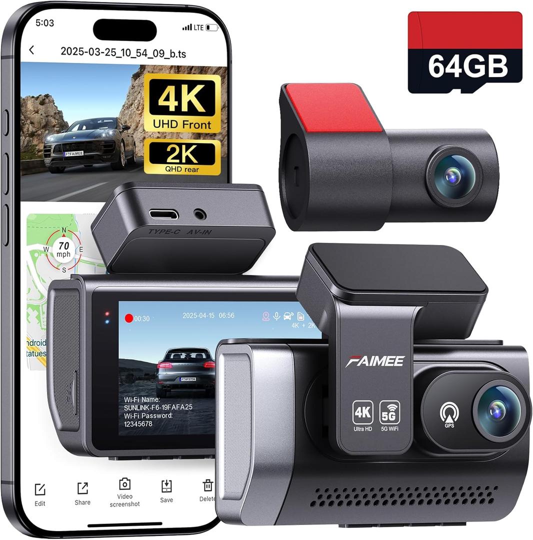 4K Dash Cam Front and Rear with GPS, Upgraded 5.8G WiFi, Dual Dash Camera for Cars, Night Vision, WDR, 160Wide Angle, 24H Parking Monitor, Emergency Lock, 3" IPS Screen (64GB Card Included) 4K Dash Cam Front and Rear with GPS, Upgraded 5.8G WiFi, Dual Dash Camera for Cars, Night Vision, WDR, 160Wide Angle, 24H Parking Monitor, Emergency Lock, 3" IPS Screen (64GB Card Included)