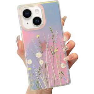 Jmltech Cute Case for iPhone 15 Case Glitter Aesthetic Iridescent Girly Floral Flower Hybrid Shockproof Clear Silicone Luxury Protective Phone Cases for iPhone 15 6.1