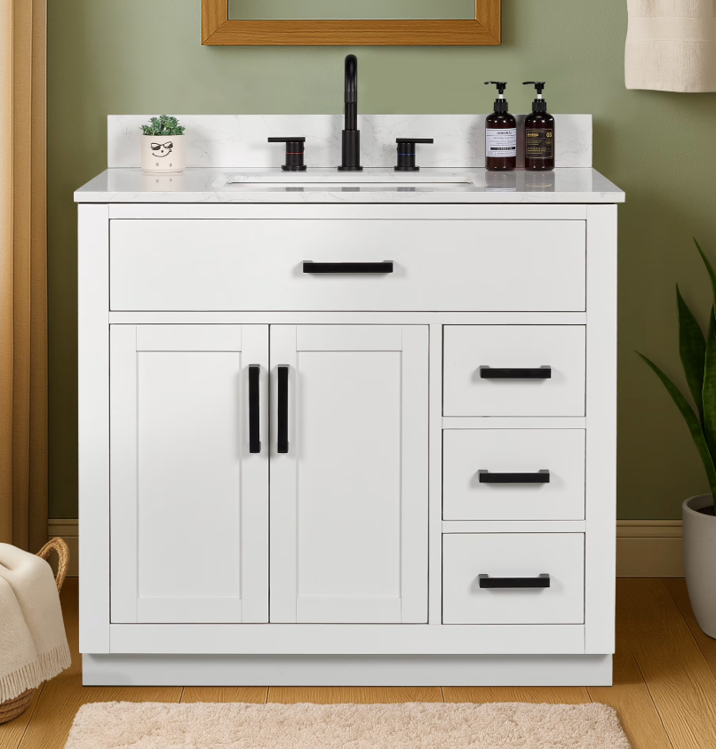 Bathroom Vanity with Sink, Solid Wood, Marble Top, Multiple Storage Drawers & Cabinet Shelf, Built-in Power Outlet