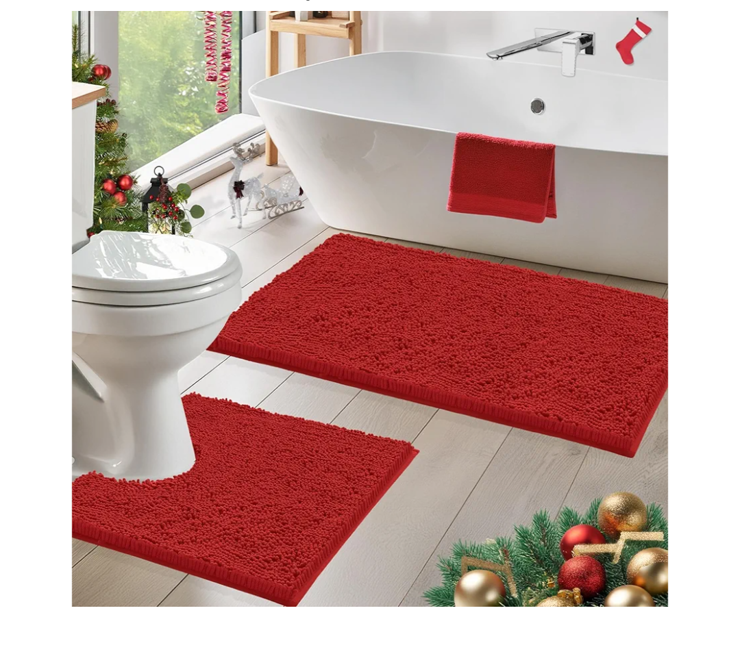 Red Bathroom Rug Set 3‑Piece, 20-30,15-23 & 20-20 U inch Festive Holiday Bathroom Decor, Non‑Slip Washable Absorbent Mats for Spacious Bathrooms