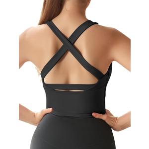 Honlyps Criss Cross Workout Tops for Women Backless Strappy Sports Bra Longline Fitness Yoga Crop Tank Top with Bulit in Bra (Large, Black)