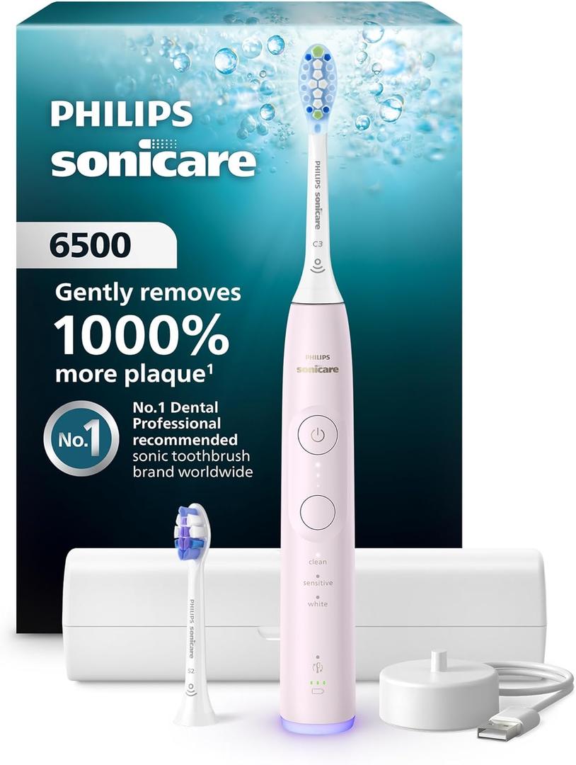 Philips Sonicare 6500 Series Electric Toothbrush - Next-Generation Sonicare Technology, Pressure Sensor, 9 Brushing Settings, SmarTimer, BrushPacer, 21-Day Runtime, Travel Case, Light Pink, HX7412/05