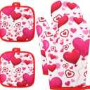 4PCS Valentine Day Oven Mitts and Potholders Set, Red Valentine Heart Oven Mitts Pot Holder Heat Resistant Non-Slip Cooking Gloves for Valentine Day Cooking Baking Party Supplies