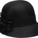 Women's Gatsby Linen Cloche Hat with Lace Band and Flower, Color: Black, one size