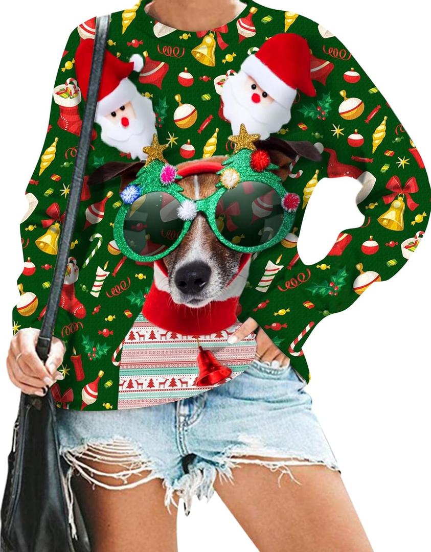 VILOVE Ugly Christmas Sweatshirt Women Merry Christmas Pullover Funny Animal Graphic Tops Causal Hoodie (Large, Green)