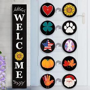 Perfnique Welcome sign for front porch standing, 47 x 7.9 Inch Wooden Leaner Sign with 10 Interchangeable Designed Icons, Seasonal Decor for Spring Easter Fall Christmas(Black)