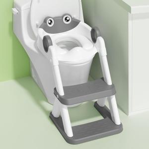 Frog Potty Training Seat, Upgrade Toddler Toilet Seat for Kids Boys Girls, 2 in 1 Potty Training Toilet for Kids, Splash Guard Anti-Slip Pad Step Stool (Gray)