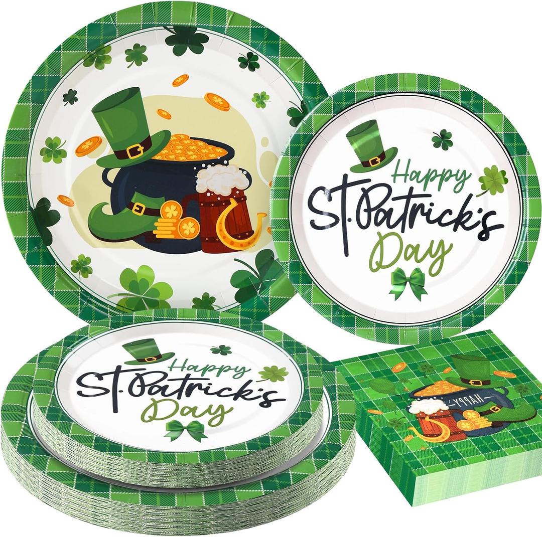 St Patricks Day Plates and Napkins Sets - Green St Patricks Day Disposable Plates for Party Supplies - Serves 25 - For Saint Day Party Decorations
