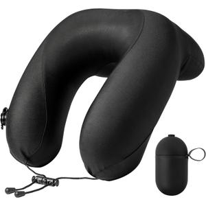 Inflatable Travel Neck Pillow for Airplane with Adjustable 360 Head & Neck Support, 2-in-1 Air Pump and Storage Bag, Soft Removable Washable Cover for Airplane, Train, Office (1, Black)