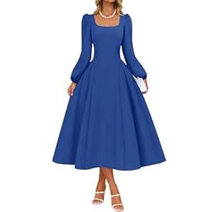 ZESICA Women's Long Sleeve Midi Dresses 2026 Fall Square Neck Swing A Line Wedding Guest Evening Prom Dress (S)