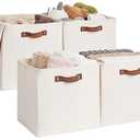 StorageWorks 13x13 Inches Storage Cube, Fabric Storage Bins with PU Handles, Collapsible Organizer Baskets for Closet, Beige, 4-Pack