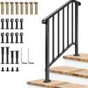 VIVOSUN Outdoor Handrail, 3 Step Stair Handrail, 40" x 36" Fits 1 to 3 Steps, Wrought Mattle Iron Stair Railing with Curved End and Balusters for Concrete Step, Porch Steps, One-Step Assembly, Black
