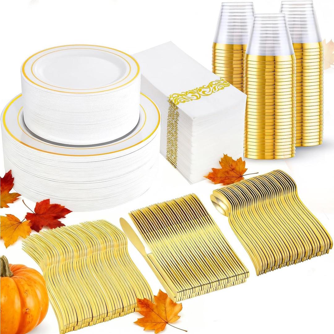 I00000 350Pcs Gold Dinnerware Set for 50 Guests, Gold Plastic Plates for Party, Include: 100 Disposable Plastic Plates, 50 Paper Napkins, 50 Cups, 50 Silverware Set Perfect for Party & Wedding