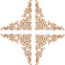 4PCS Corner Wooden Carving Decal Unpainted Wood Appliques Onlays DIY Wood Carved Furniture Appliques Onlays for Wall Bed Door Wardrobe Cabinet Furniture Decoration(02,12x12cm/4.72x4.72inch)