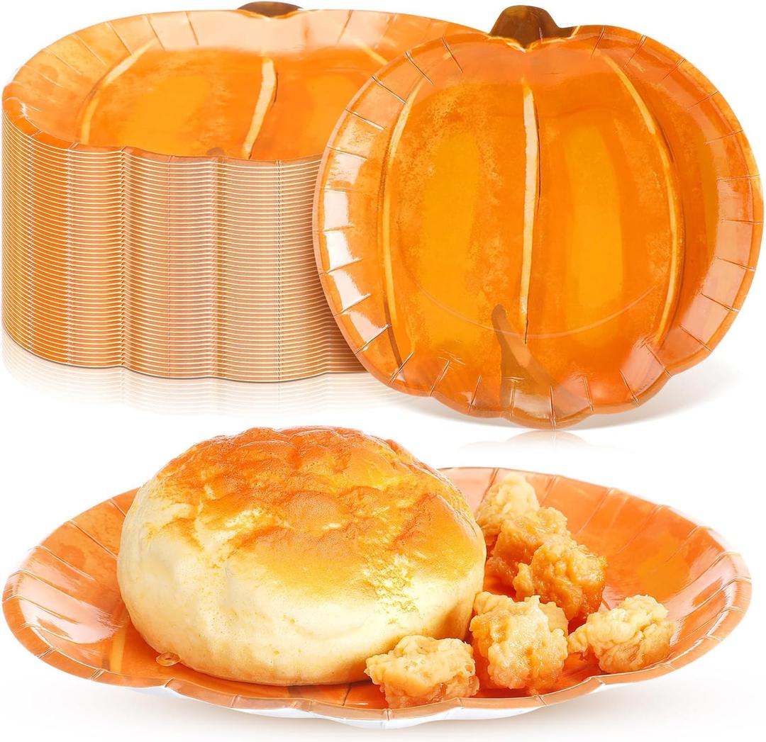 Sliner 100 Pcs Pumpkin Paper Plates Fall Thanksgiving Disposable Dinner Plates 7 Inch Harvest Dinnerware for Autumn Halloween Holiday Catering Events Dinner Dessert Party Supplies (Orange)