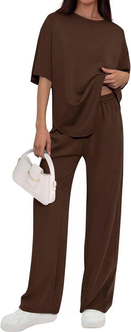 PRETTYGARDEN 2 Piece Lounge Sets for Women Summer 2026 Short Sleeve Matching Airport Travel Outfits Casual Spring Clothes (Brown, L)