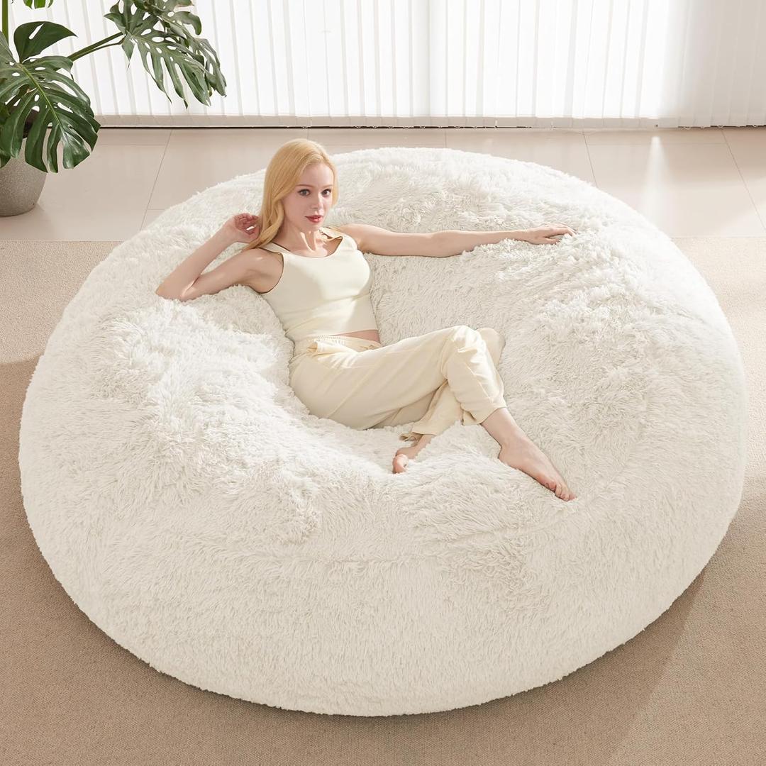 Giant Bean Bag Covers Only, Fluffy Stuffed Beanbag Chair Covers No Filler, Washable Bean Bags Cover for Adults, Stuffed Animal Bean Bag Anti-Slip, 6FT, White