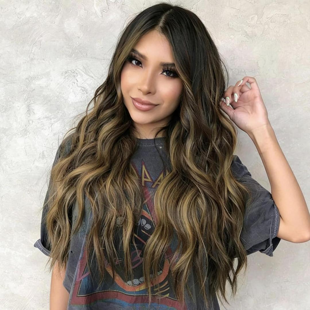 NOSTALGIA Brown Wigs for Women Brown with Blonde Highlight Lace Hairline Wig Middle Part Synthetic Heat Resistant Wig for Daily Party-26 Inch