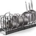 Vdomus Expandable Rack for Cabinets Adjustable Black Pot Rack with 4 DIY Storage Positions - Holds up to 14 Pans, Pots, or Lids - Durable Iron Pot Stacker for Kitchen Organization - 8.5"x 31"x11.5"