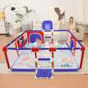 Playpen for Babies and Toddlers,73"x71"Baby Playpen with Mat IndoorOutdoor with Breathable Play Pen with Ocean Balls Hanging Pocket Basketball Hoop and Football Goal (Blue+Red with Mat, 73"x71")