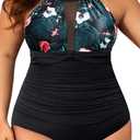 Aqua Eve Plus Size Swimsuit Women One Piece Swimsuit Tummy Control High Neck Bathing Suit Ruched Swimwear (Black Floral)