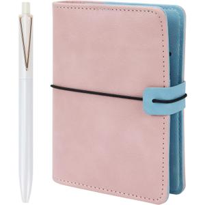 MultiBey A7 Refillable 6 Ring PU Leather Binder, Mini Padfolio Binder Notebook Cover for A7 Filler Paper, Loose Leaf Personal Planner Cover with Zip Wallet Bag and Pen, A7 Budget Binder (Pink)