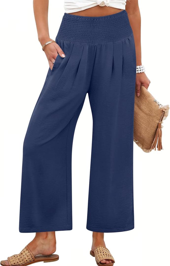 ANRABESS Womens Pants Wide Leg High Waisted Palazzo Pants Summer Flowy Beach Lounge Casual Trousers with Pockets (Small, Navy Blue)