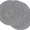 SHACOS Round Placemats Set of 4 Boho Braided Border 15 inch Circle Place Mats Washable Fabric Table Mats for Kitchen Dining Table, Gray