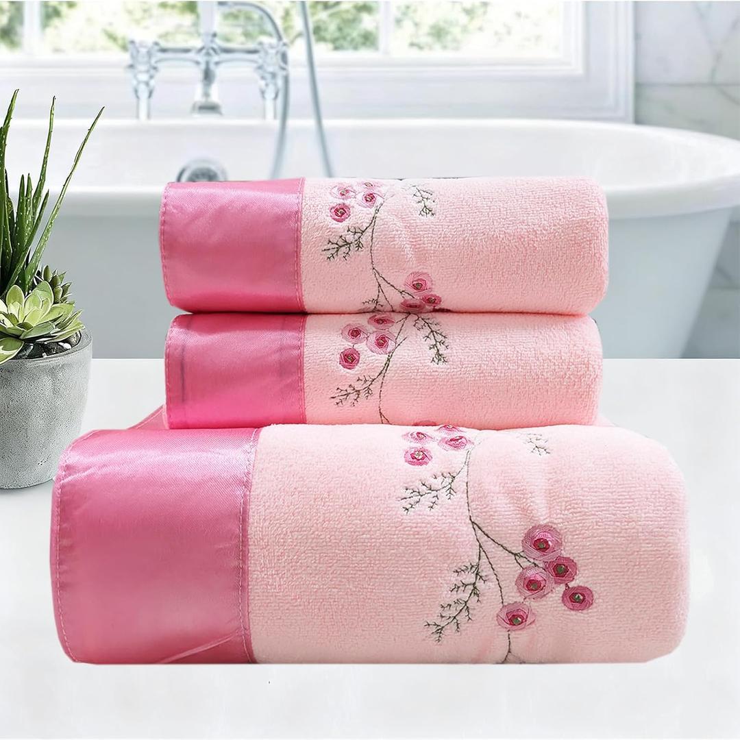 USTIDE Pink Plum Blossom Towels Set-3 Pieces Bathroom Towels with Silk Edge Luxury Soft Bath Towels Set for Bathroom Gym Bath Sheets (1 Bath Towel+2 Hand Towels)