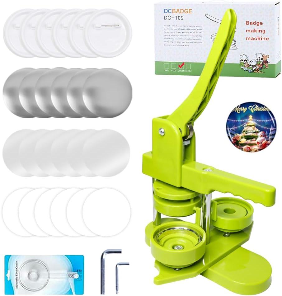 Button Maker Machine, Pin Maker Machine Kit (3rd Gen) Installation-Free DIY, Badge Maker Button Press Machine with Free Button Parts&Circle Cutter&Wrench Gadget (Green, 58mm(2.25in))