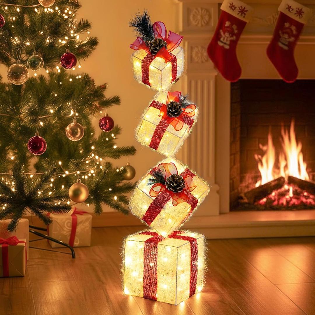 Stackable Lighted Gift Boxes Set of 4, Battery-Powered Lighted Christmas Boxes with Warm LED & Timer, Metal Frame Gift Box for Indoor/Outdoor Mantel, Tabletop & Staircase