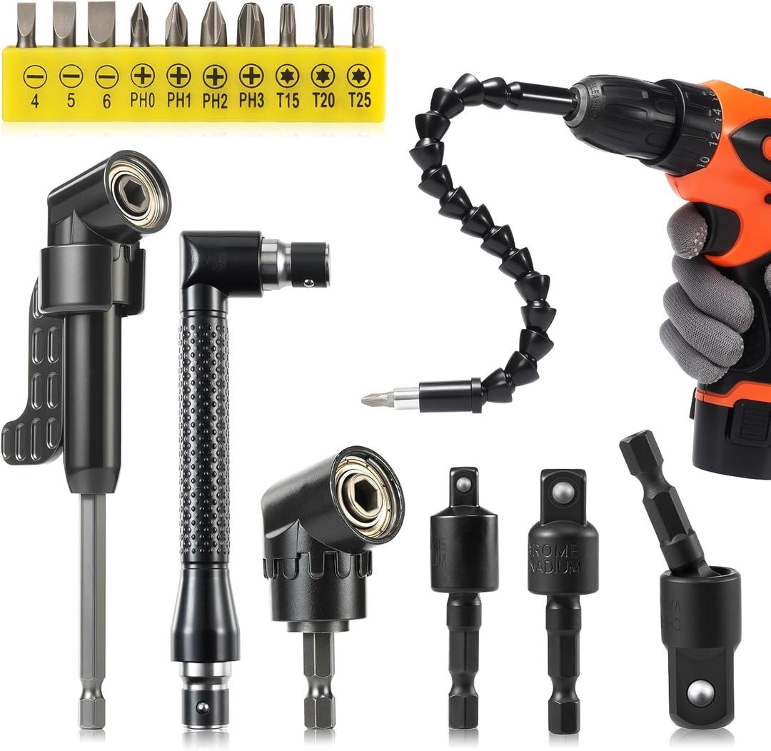 Right Angle Drill Adaptor,360 Rotatable 1/4 3/8 1/2" Impact Grade Socket Adapter Set,4-in-1 Impact Drill Bit Extension,105 Degree Right Angle Drill Attachment Sets for Household Workplace