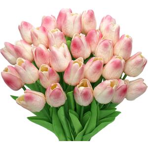 28pcs Pink Flowers Artificial Tulip Stems Real Feel PU Tulips for Easter Spring Wreath Wedding Bouquet Centerpiece Floral Arrangement Cemetery Table Dcor 13" Tall