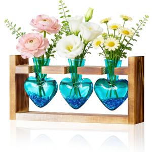 Nacome Plant Terrarium Propagation Stations: Mothers Day Gifts for Mom Plant Lovers Women Wife Daughter - 3 Bulb Glass Vases with Wooden Stand Tabletop for Hydroponics Home Garden Decor (Blue)