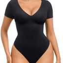 FeelinGirl Short Sleeve Bodysuit for Women Tummy Control Shapewear Going Out V Neck Shirt Slim Top, XXL