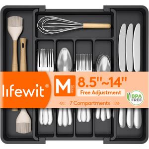 Lifewit Silverware Drawer Organizer, Expandable Utensil Tray for Kitchen, BPA Free Flatware and Cutlery Holder, Adjustable Plastic Storage for Spoons Forks Knives, 8.5-14 x 12", Black
