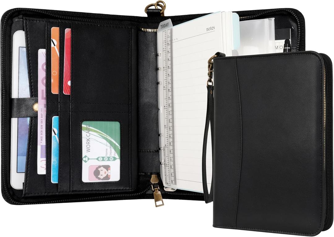 WASON Portfolio A5 Binder Journal with Zipper - Leather pu Writing Notebook Padfolio with Detachable Refillable Notebook, Legal Pad for Business Study and Travel Organizer (Black)
