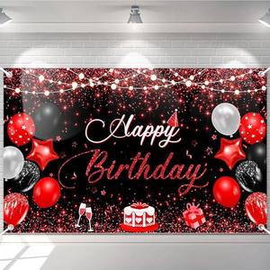 Avezano Red and Black Happy Birthday Banner for Men Women Red and Black Birthday Party Decorations Glitter Balloon Fireworks Sign Bday Photo Backdrop 70.8 x 43.3 Inch