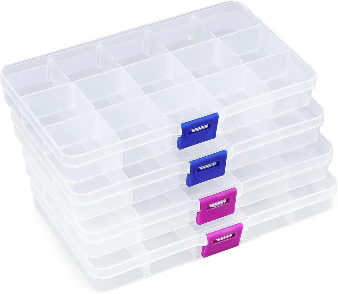 Opret 15 Grids Bead Organizer(4 Pack), Earring Organizer Box, SMALL Plastic Clear Organizing Containers with Adjustable Dividers for Crafts Jewelry Screws Small Items, Size 6.93.90.9in (4 pcs, Transparent)