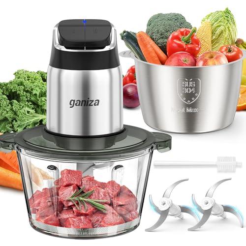 Ganiza Food Processor, 2-Speed Food Chopper Meat Grinder with 8 Cup Stainless Steel & 8 Cup Glass Bowls, Upgraded Button & Smart Overheat Protection Light - Includes Clean Brush, 2 Sets of Blades: Home & Kitchen