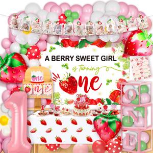 Berry First Birthday Decorations Strawberry 1st Birthday Party Supplies for Girls, Sweet One Birthday Decor Strawberry Theme Backdrop Balloons Arch Box High Chair Banner Birthday Party Idea for Girls