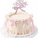 Bow Cake Toppers 18 PCS Pink Ribbon Bows for Cake with 1 PCS Happy Birthday Cakes Topper Coquette Themed Bow Birthday Decorations for Wedding, Bridal Shower, Baby Shower, Bachelorette