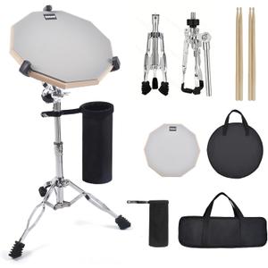 Seteol Drum Practice Pad Set, 12 Inch Double Sided Silent Drum Pad with Storage Bag + Adjustable Snare Drum Stand with Carry Bag + 2 Pair Drum Sticks with Drumstick Holder, Fits 10"14" Drums (Grey)