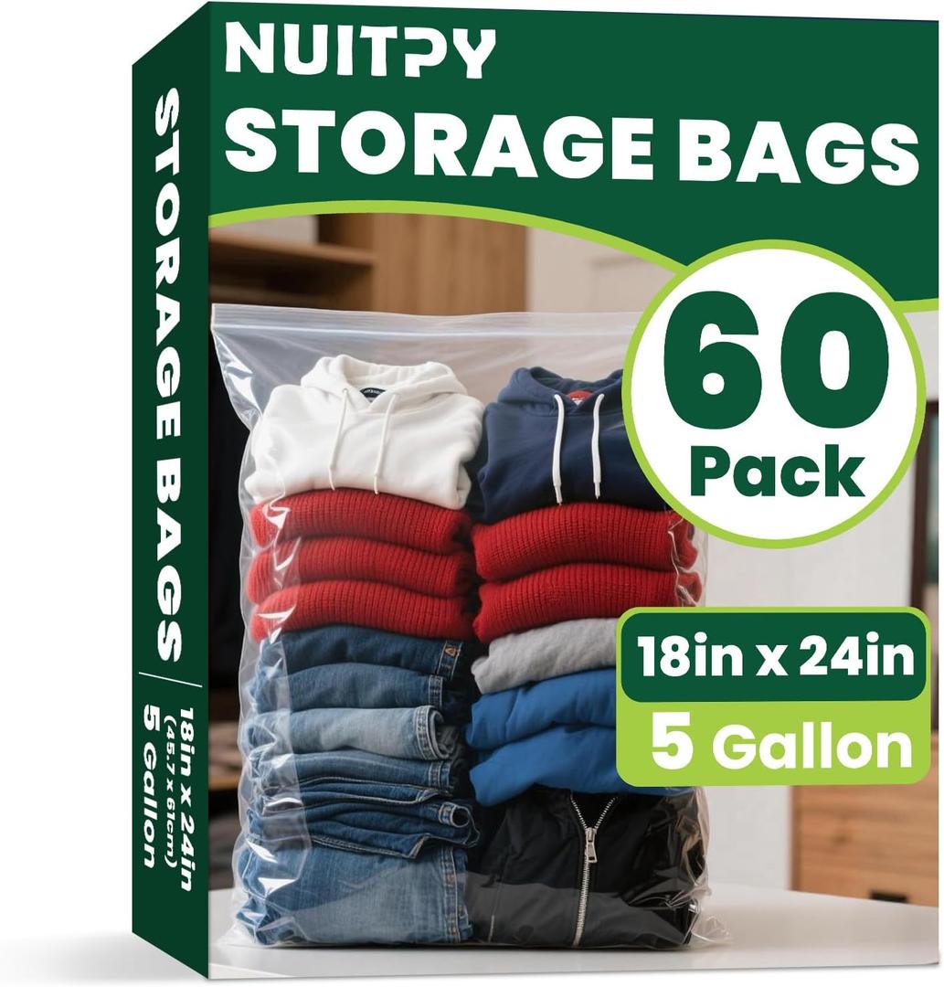 60 Pack Large 5 Gallon Storage Bags with Zipper Top, 18 x 24 inch Zipper Bags, Clear Plastic Bag for Storage, Reusable, Sealable Storage Bag for Clothes, Travel & Moving, Double-sided Thickness 4 Mil