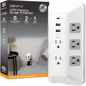 GE 8-Outlet Surge Protector with USB, Outlet Extender, 2 USB-A, 1 USB-C, Adapter Spaced, Multi Plug, Charging Station, for Home School and Office, 2000 Joules, White/Gray - 73654