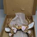 MOSTORY Handmade Gold Flower Antler Headband - Woodland Floral Reindeer Headpiece with Deer Ears Forest Fairy Hairband for Women Girls Renaissance Halloween Cosplay Party Prom Photo Props Pink Rose