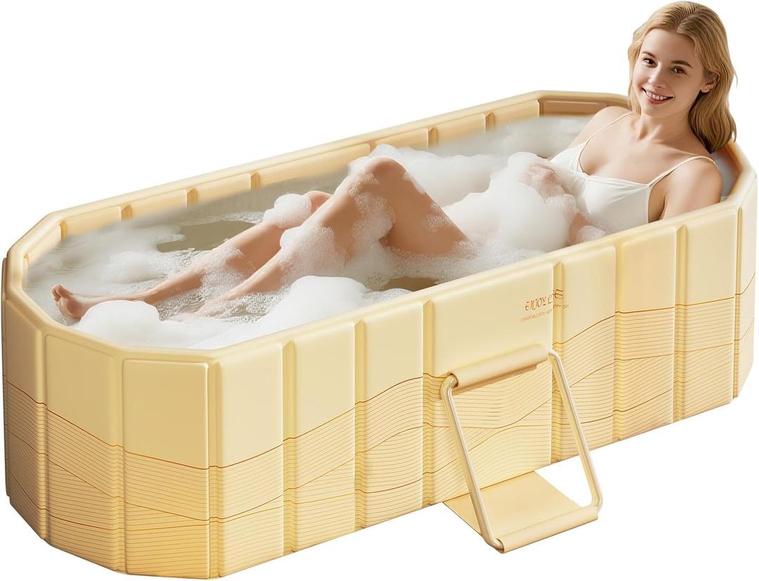 Portable Foldable Bathtub, Freestanding Bathtub No Installation, Bathroom SPA Soaking Bath Tub, Shower Stall Collapsible Hot & Ice Bath for Indoor Outdoor (Beige, 59"L x 21.6"W x 19.6"H)