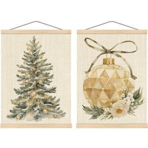 Boat Wades Gold Christmas Tree Ball Wall Art Poster Hanger Frame, Rustic Christmas Decor, Holiday Winter Xmas Bauble Tree Floral Wall Decor for Home Living Room Bedroom, 12x16 Inch Set of 2